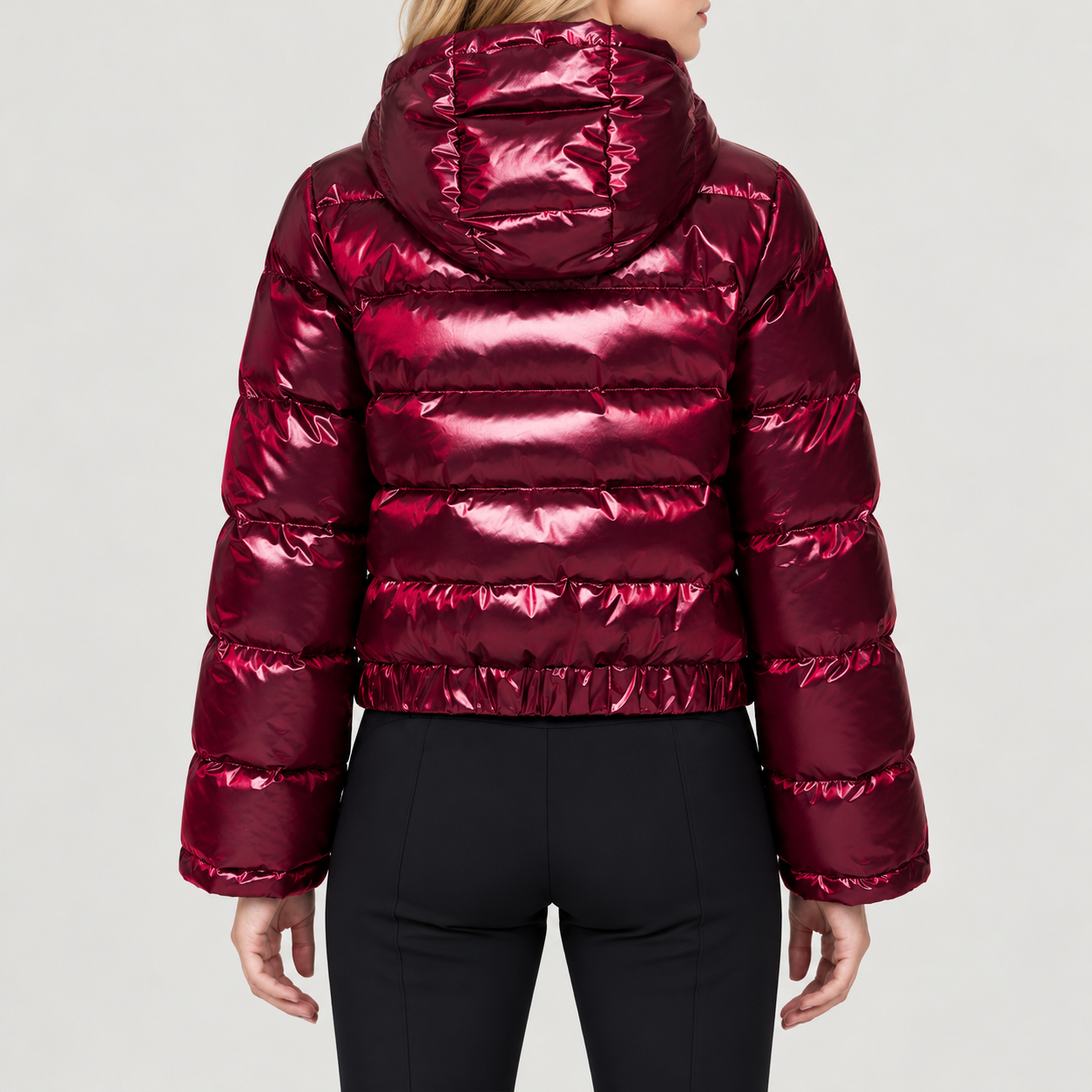 Perfect Moment women’s Polar Flare Shine Ski Jacket in wine – model back view