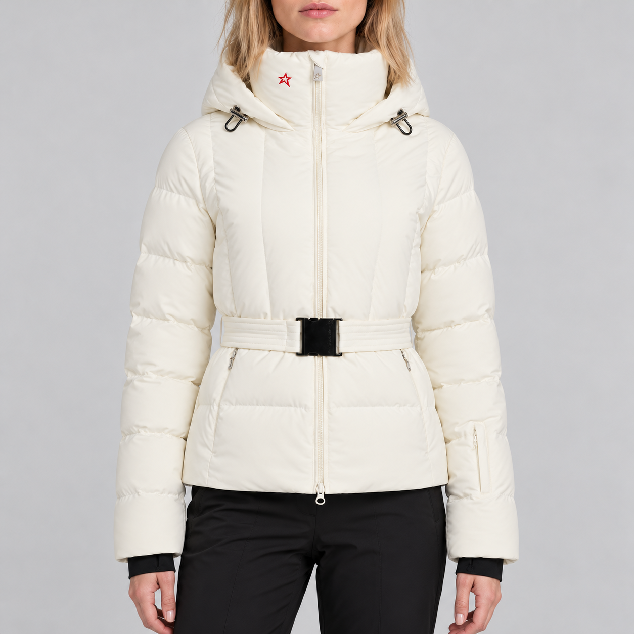 Perfect Moment women’s Waisted Classic Ski Jacket in Snow White – front model view