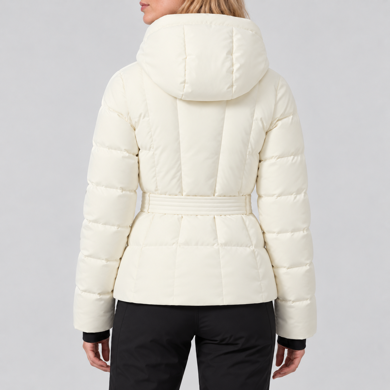 Perfect Moment women’s Waisted Classic Ski Jacket in Snow White – back model view