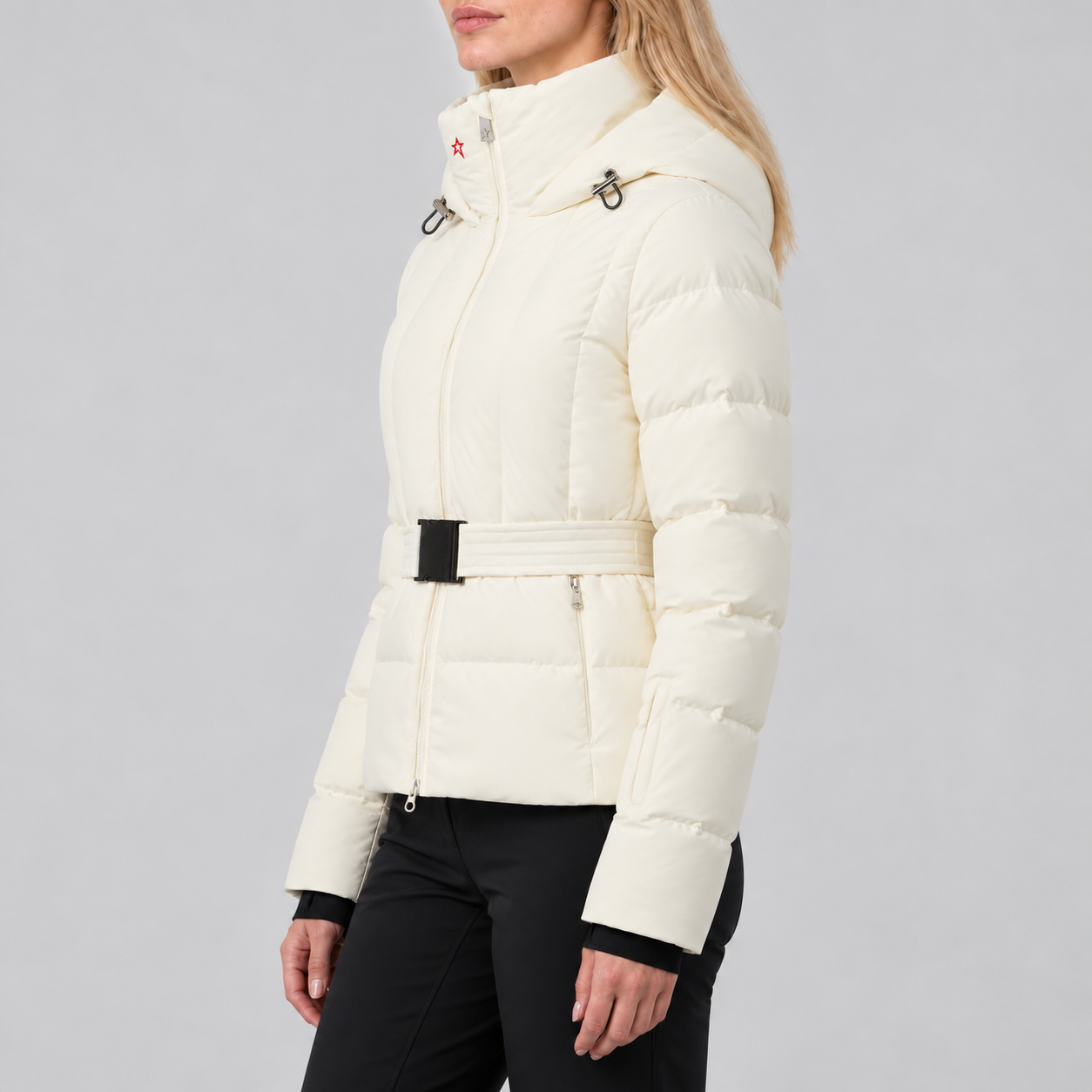 Perfect Moment women’s Waisted Classic Ski Jacket in Snow White – side model view