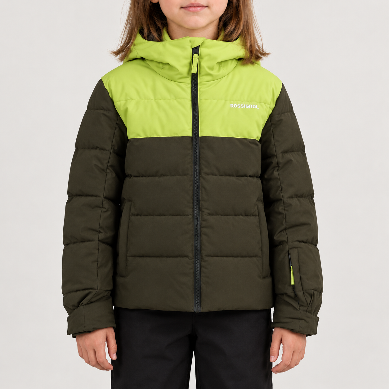 Rossignol Quilted Junior Ski Jacket in OLIVE SHADOW — 03 model front view