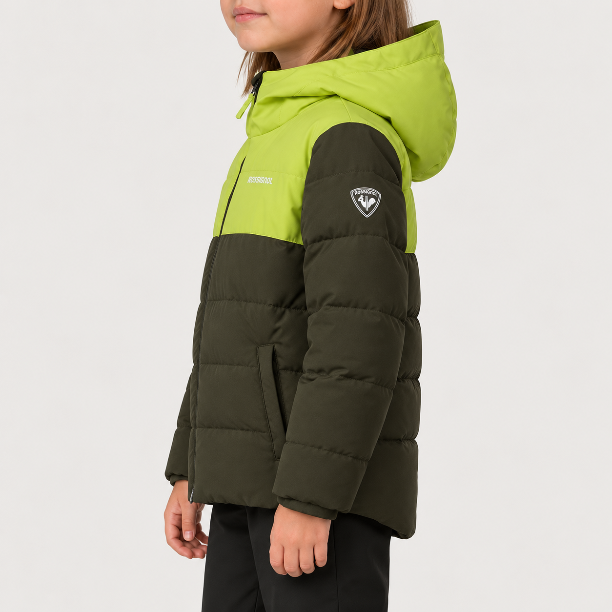 Rossignol Quilted Junior Ski Jacket in OLIVE SHADOW — 05 model side view
