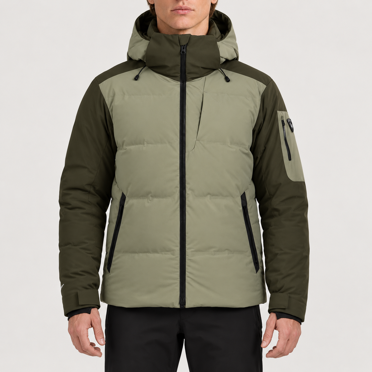 Rossignol Snowblaze Down CB Ski Jacket in VETIVER / OLIVE SHADOW — 03 model front view