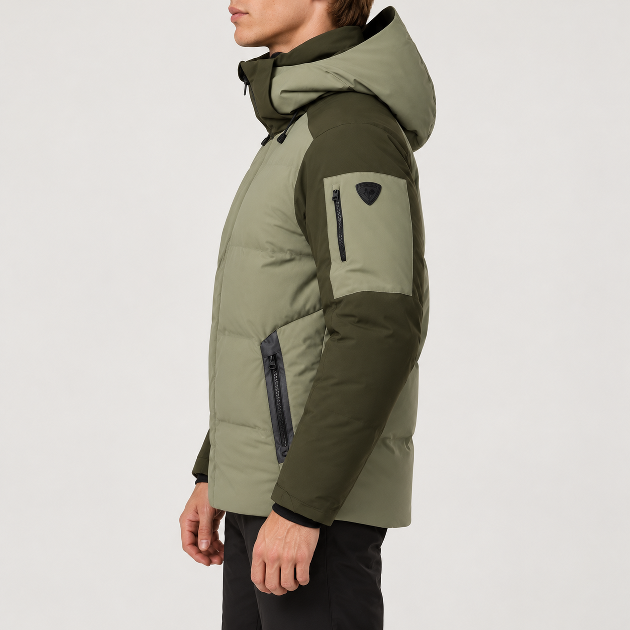 Rossignol Snowblaze Down CB Ski Jacket in VETIVER / OLIVE SHADOW — 05 model side view
