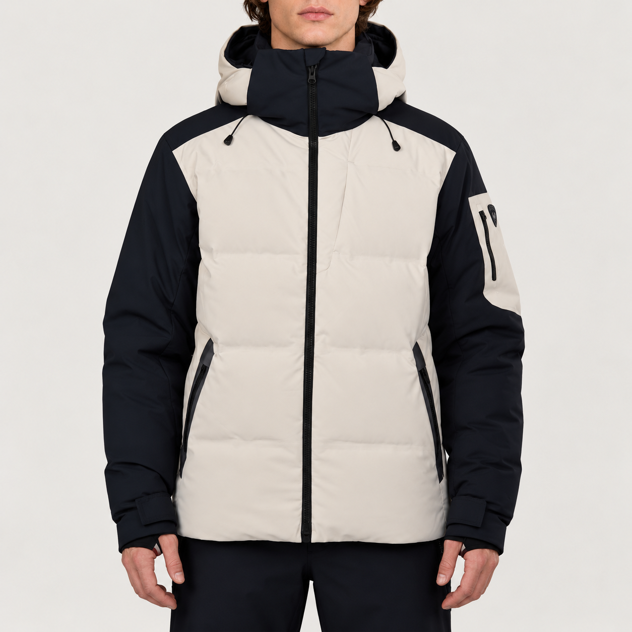 Rossignol Men's Snowblaze Down CB Ski Jacket in Silver Cloud / Black — model front view