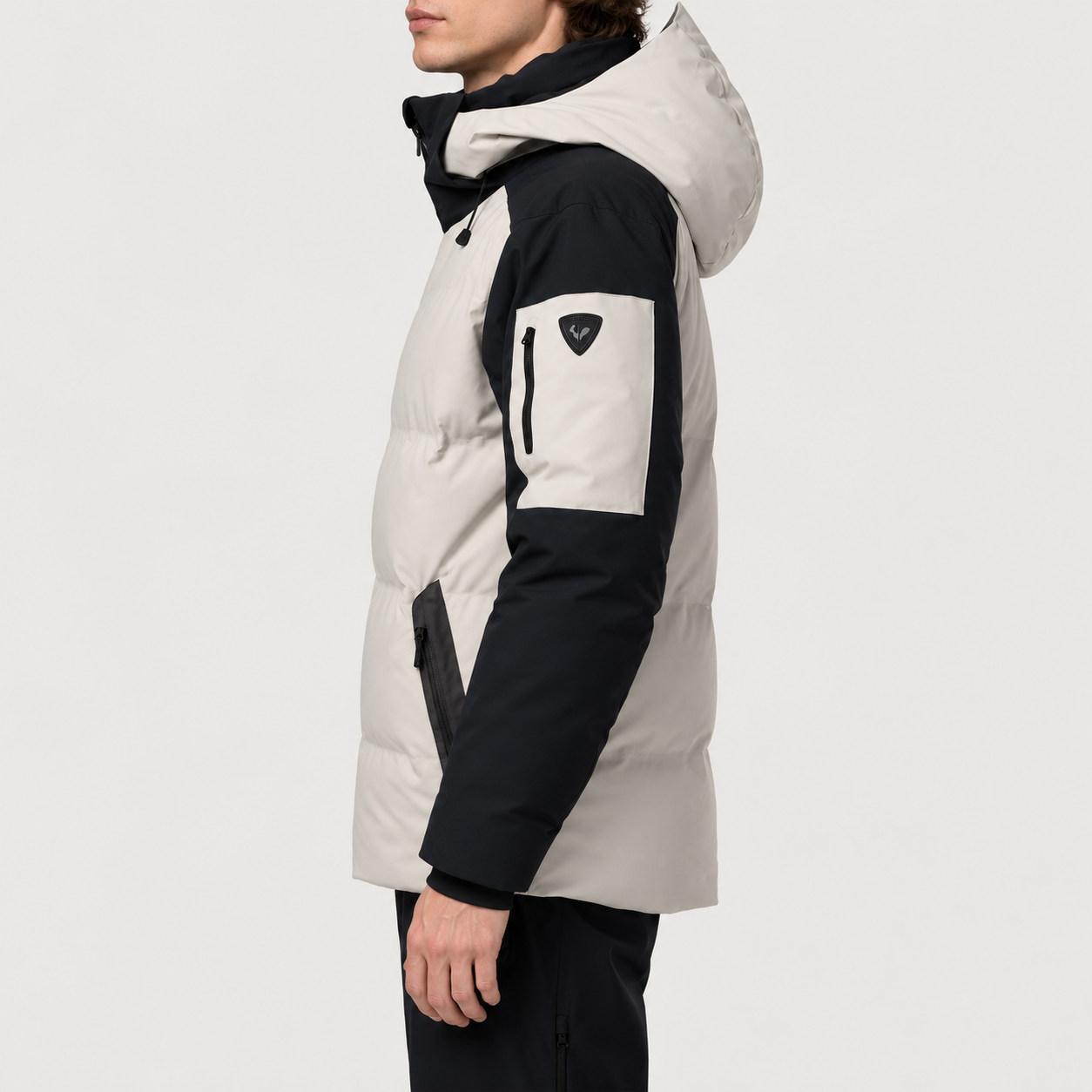 Rossignol Men's Snowblaze Down CB Ski Jacket in Silver Cloud / Black — model side view