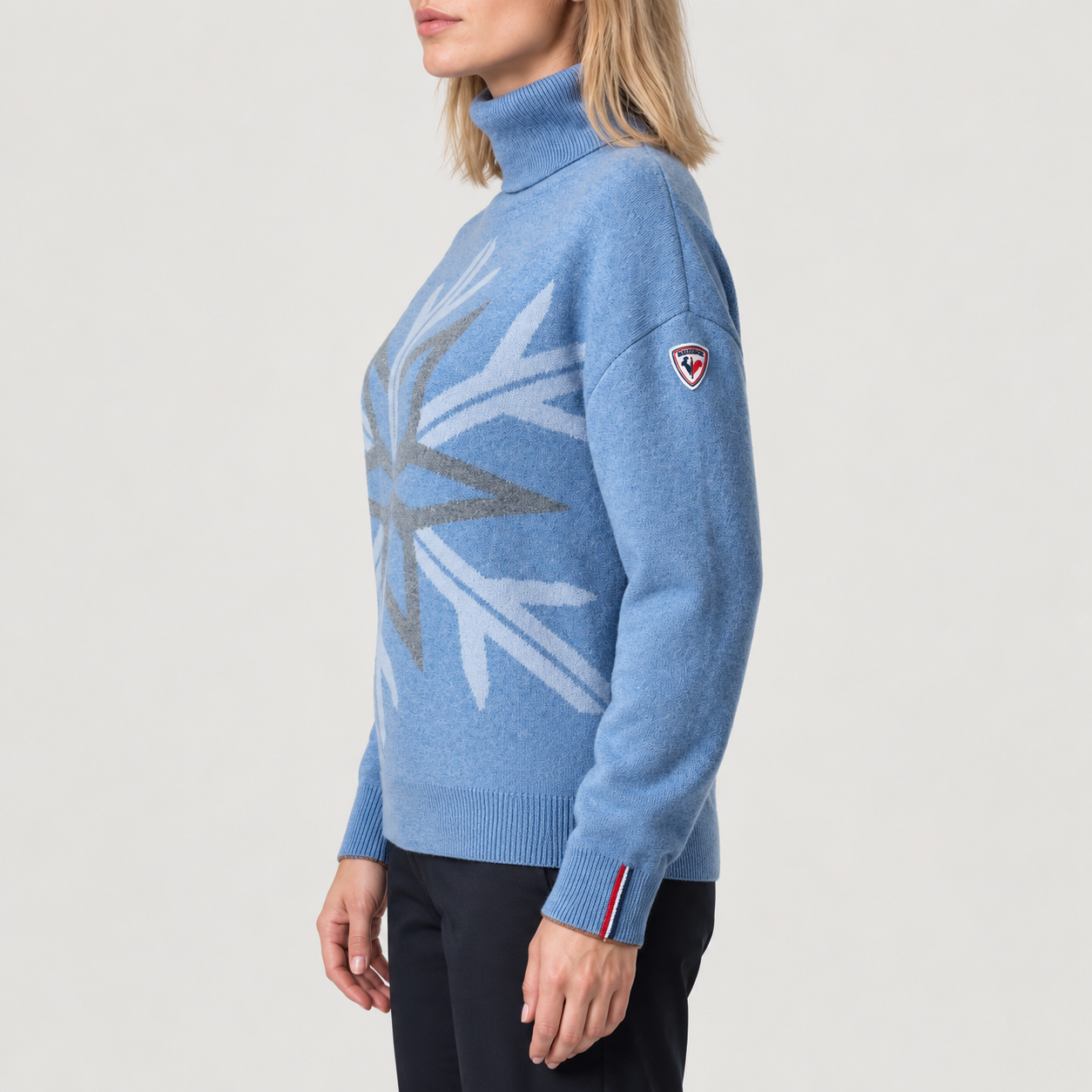 Rossignol Patterned Turtle Neck Sweater in Windward Blue — 05 model side view