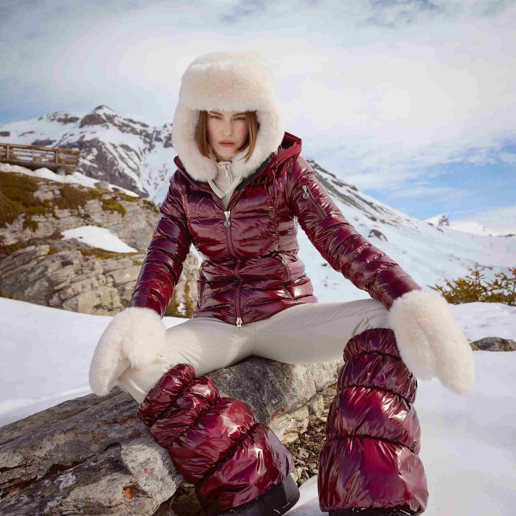 Sportalm women's kyla ski jacket in dark burgundy – alpine campaign