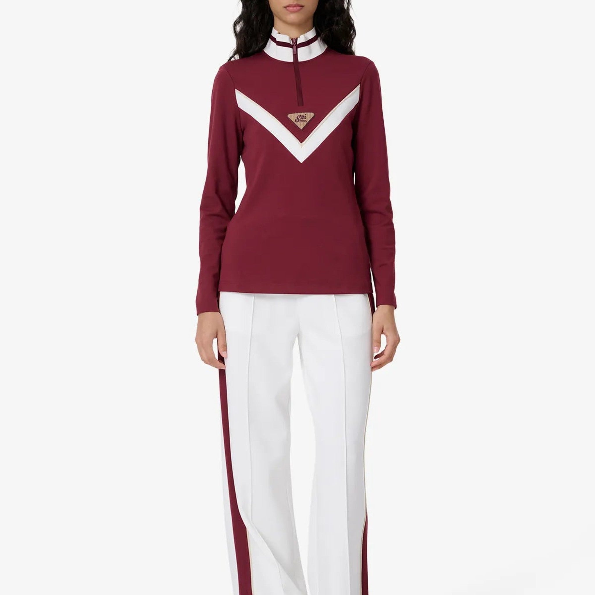 Sportalm women's oulu half zip in dark burgundy – model front