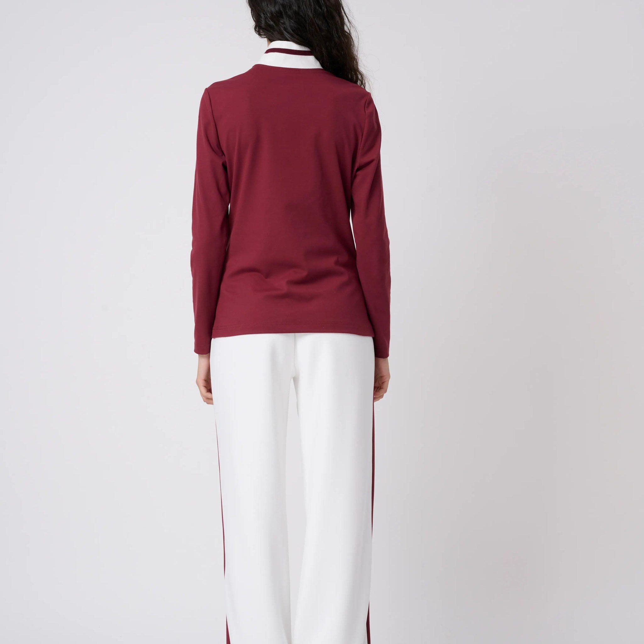 Sportalm women's oulu half zip in dark burgundy – model back