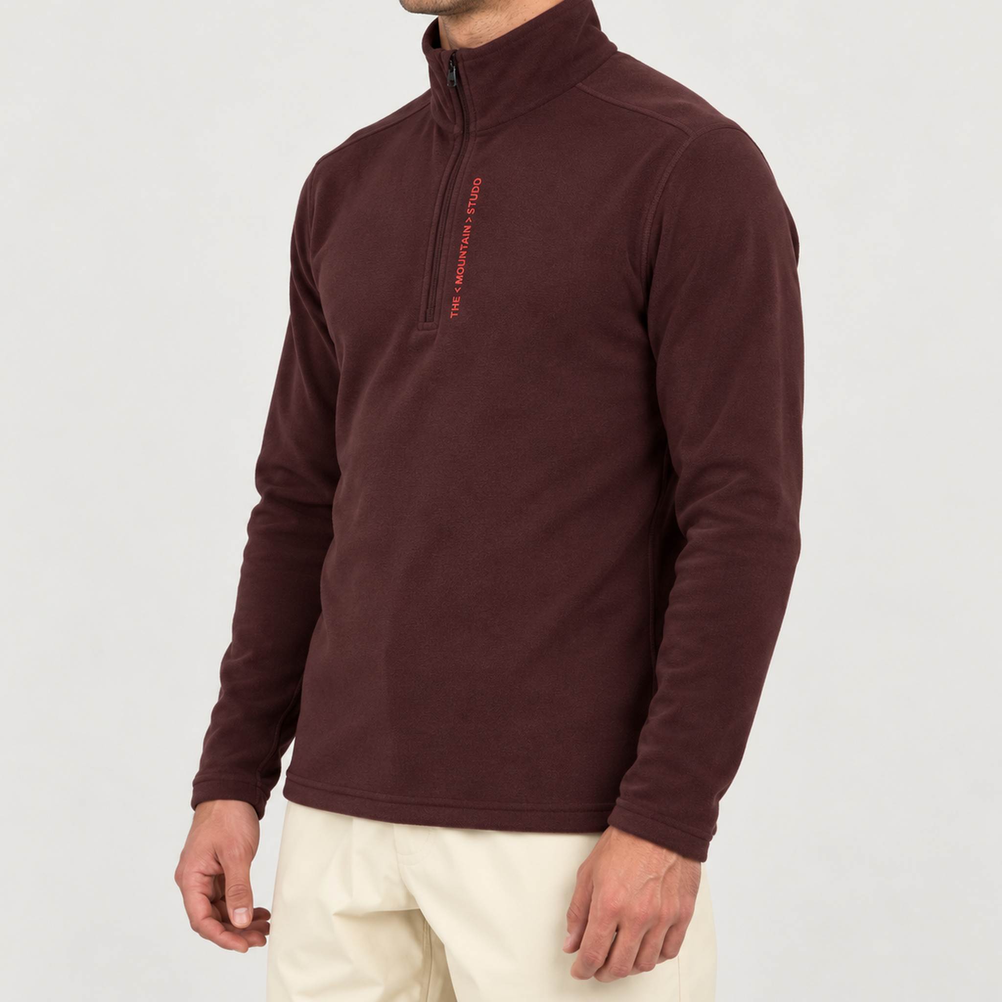 The Mountain Studio Tech Half Zip in Fudge — fudge — model side