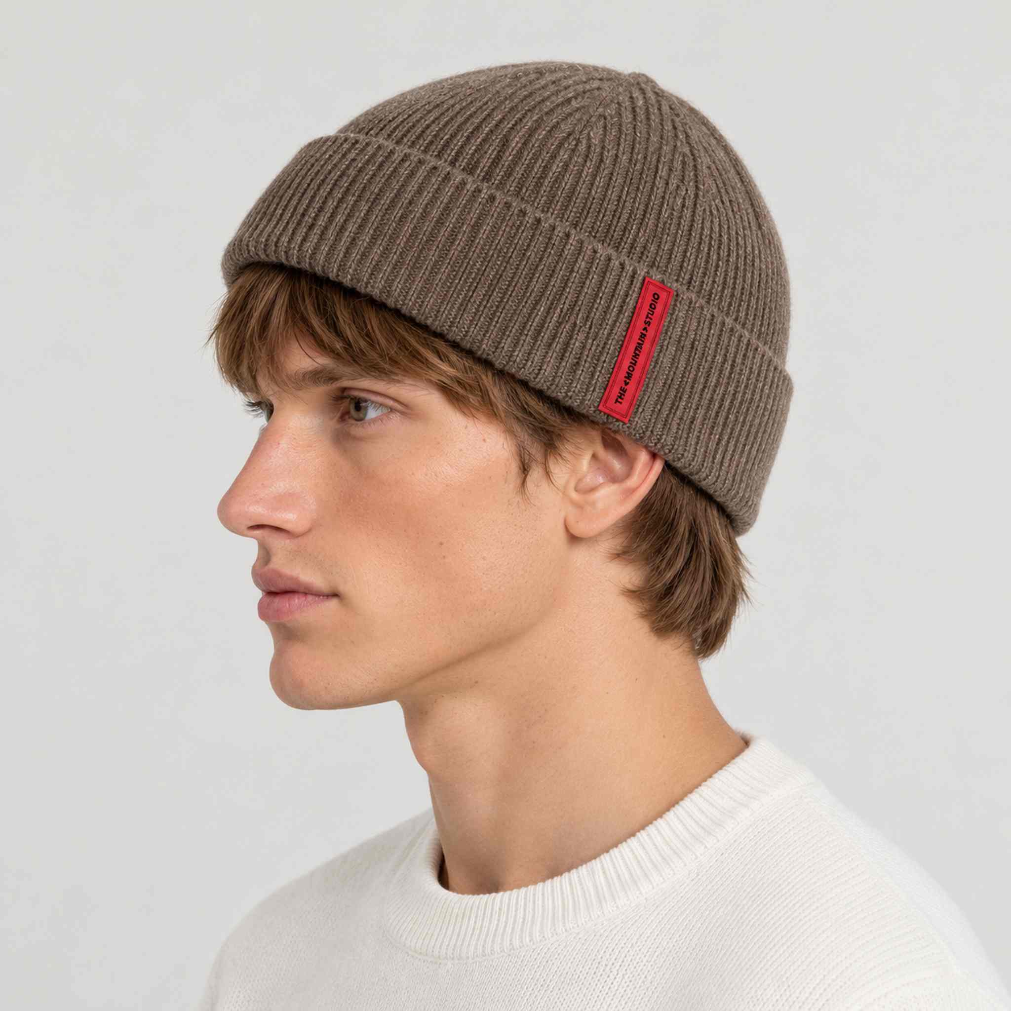 The Mountain Studio Wool Rib Beanie in Brindle — brindle — mens side