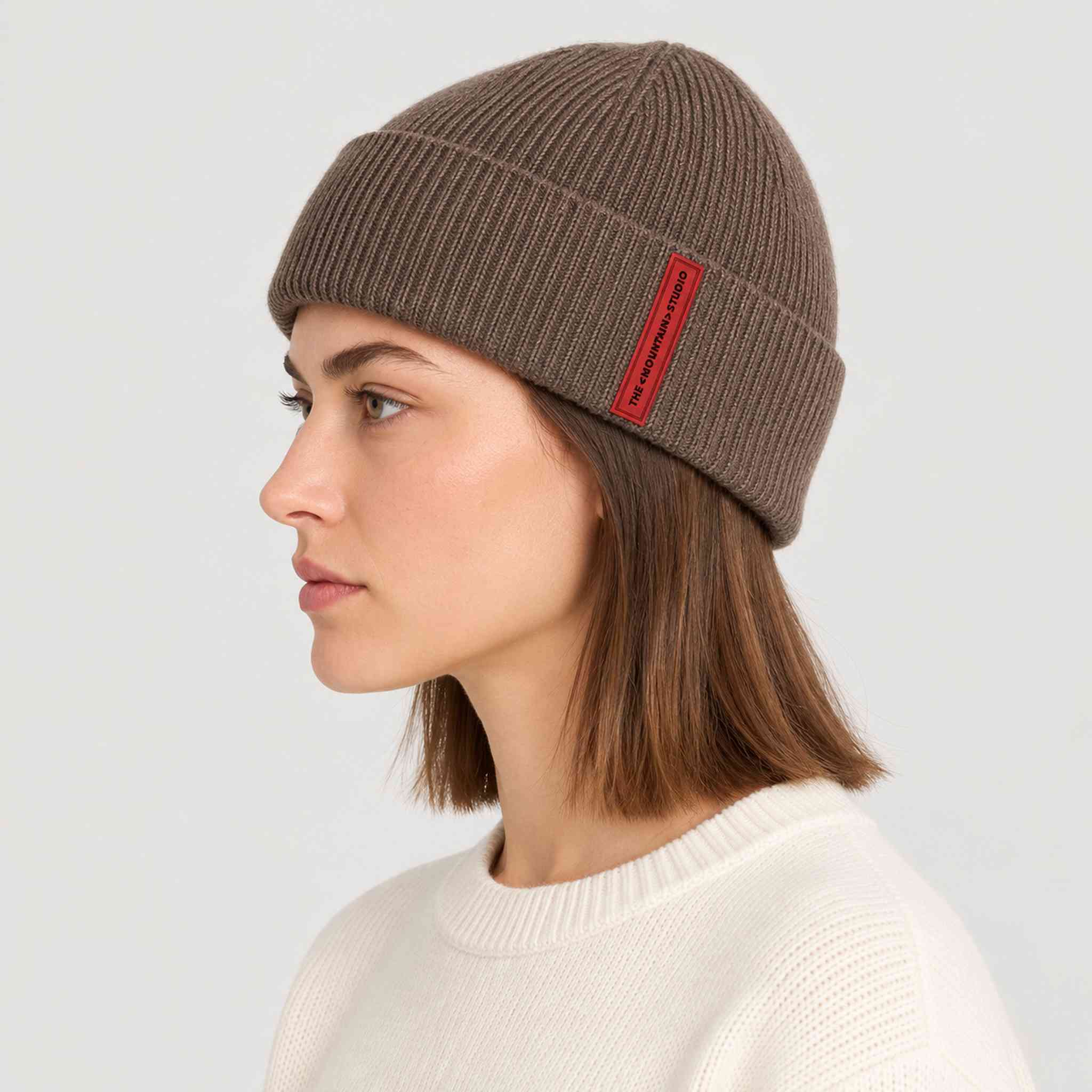The Mountain Studio Wool Rib Beanie in Brindle — brindle — womens side