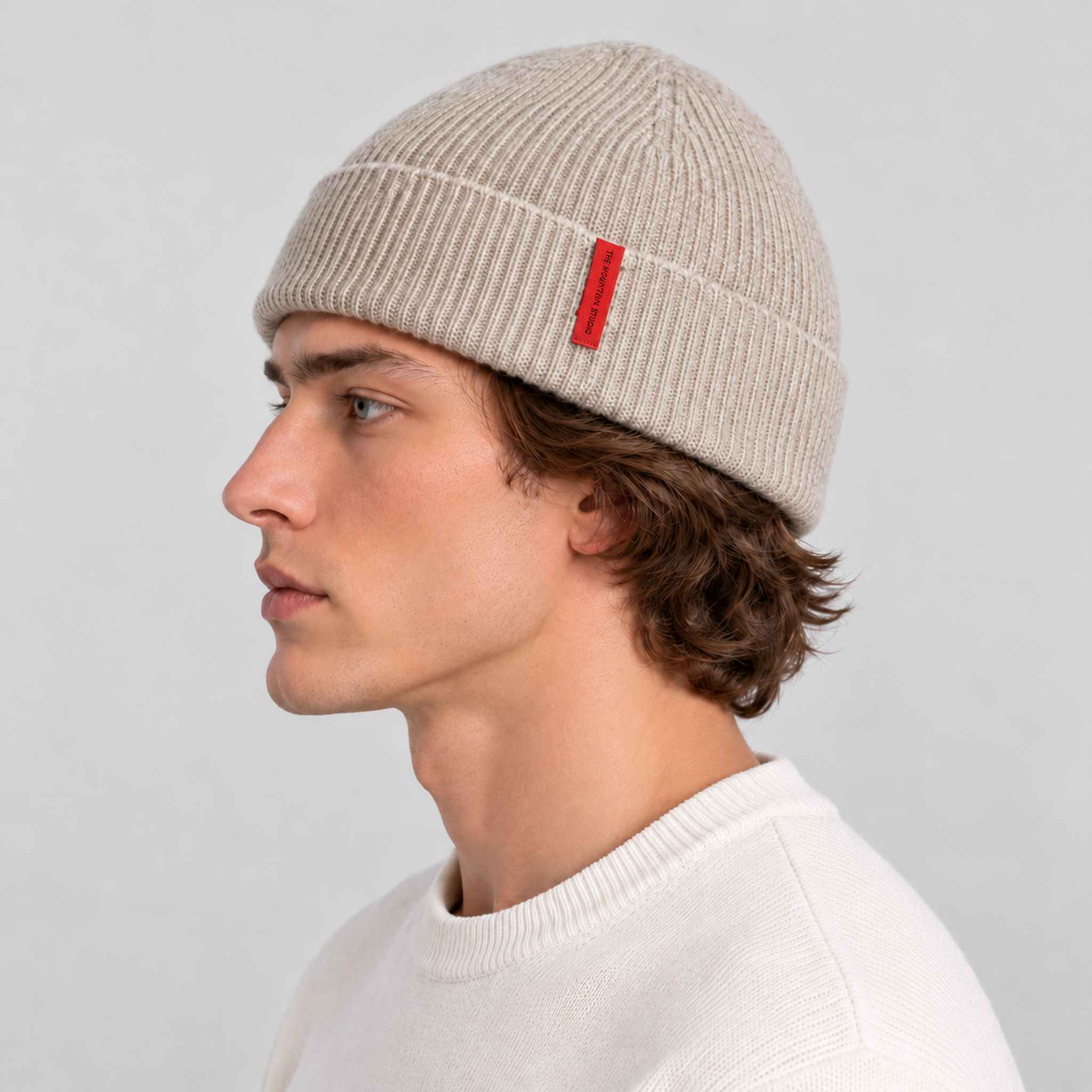 The Mountain Studio Wool Rib Beanie in Castle Wall — castle wall — mens side