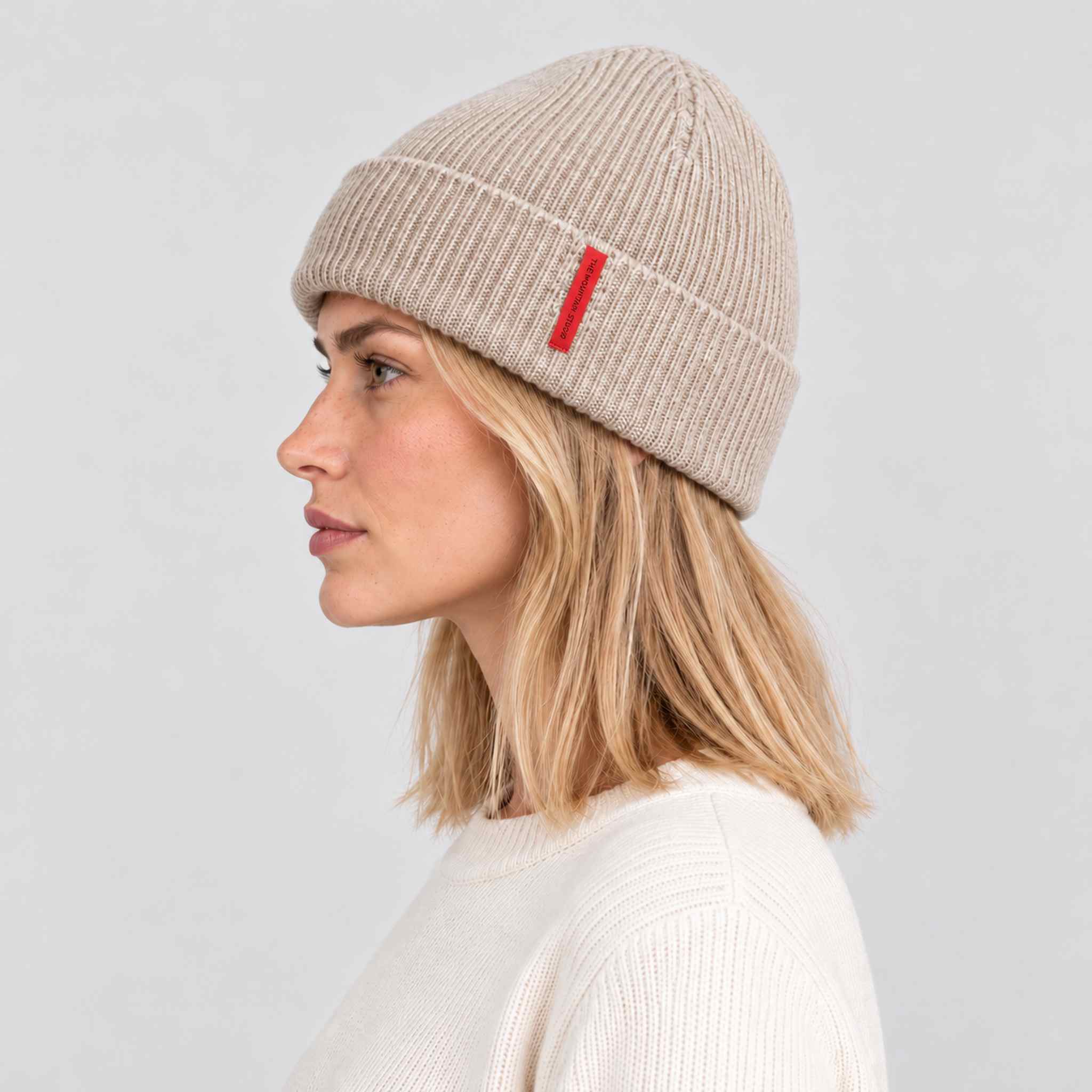 The Mountain Studio Wool Rib Beanie in Castle Wall — castle wall — womens side