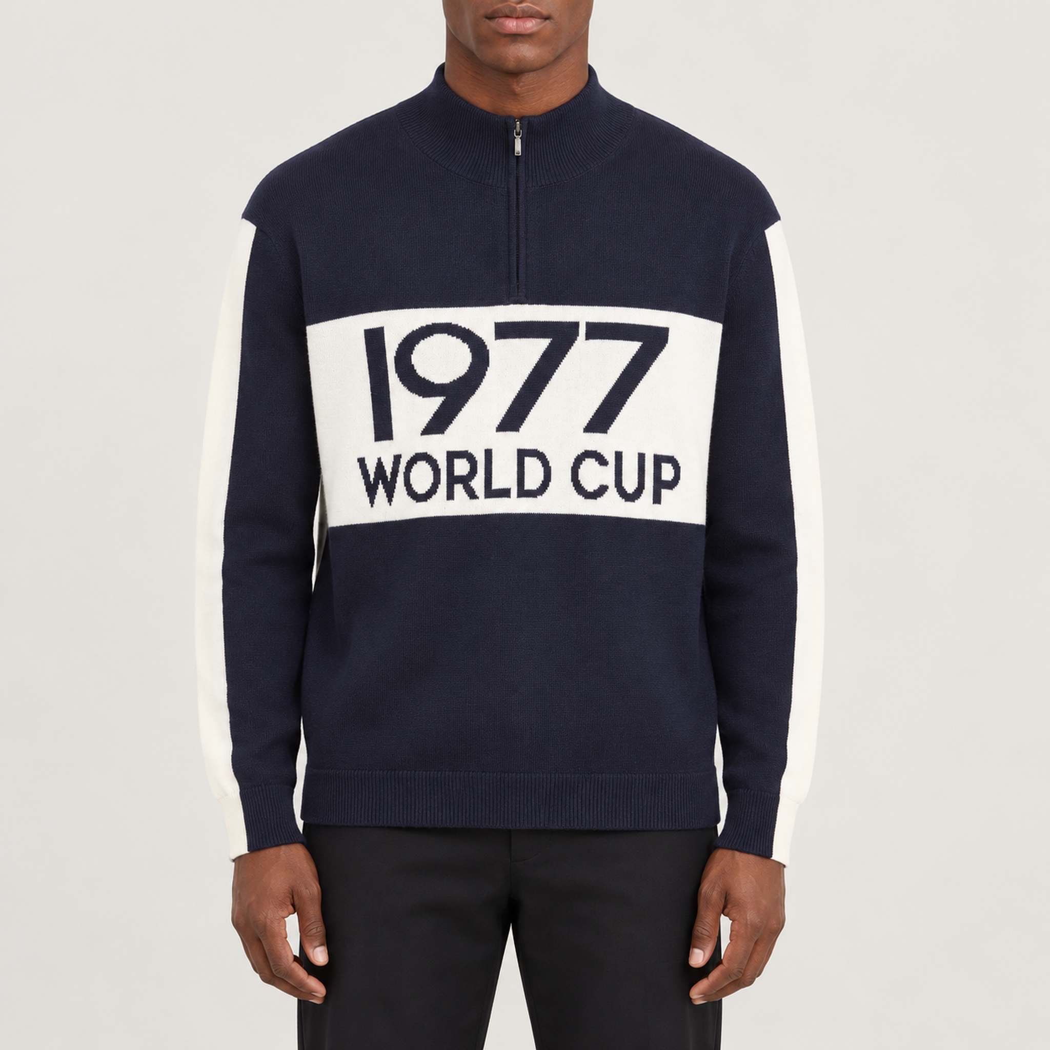 World Cup Sweater in Dark Blue — 03 model front