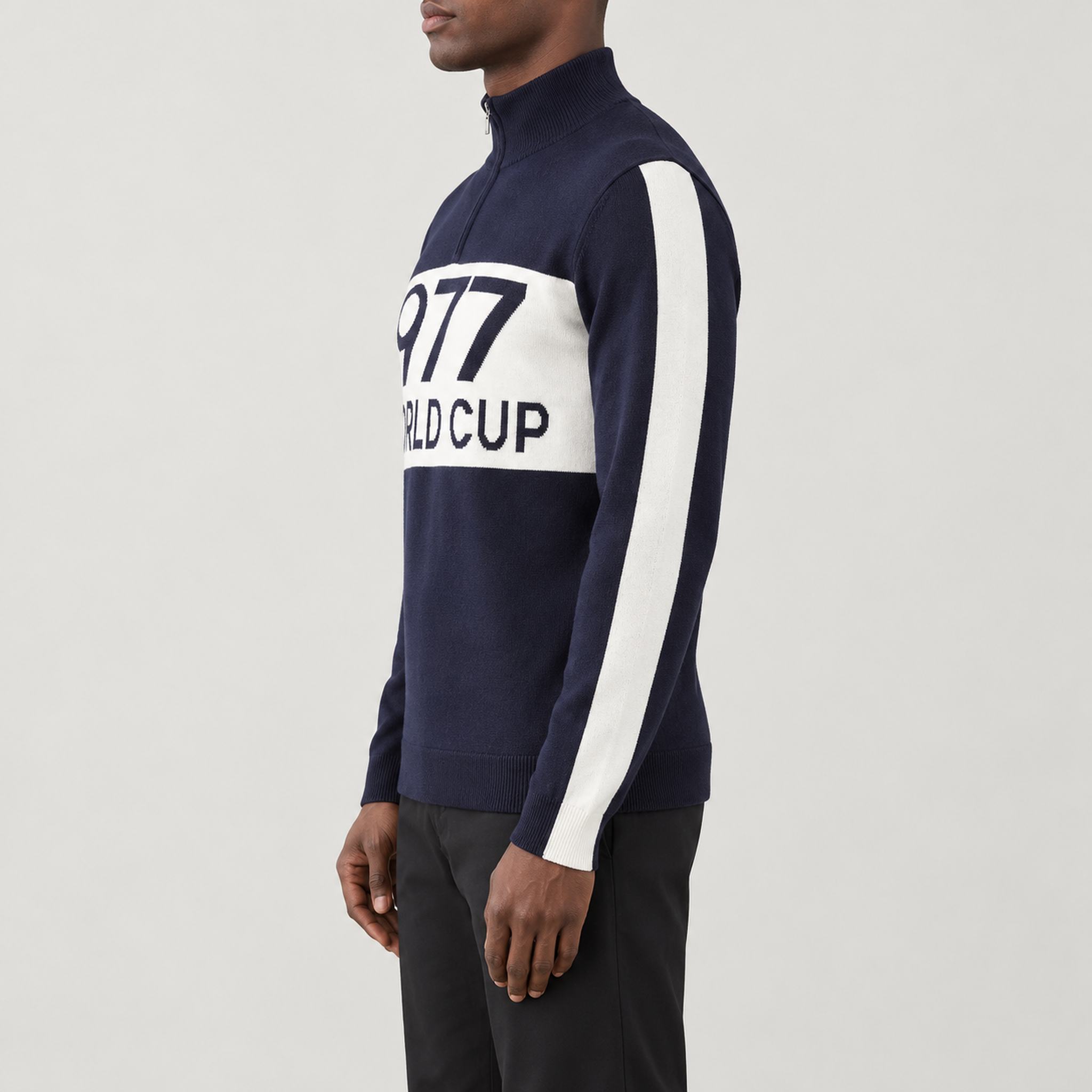 World Cup Sweater in Dark Blue — 05 model side