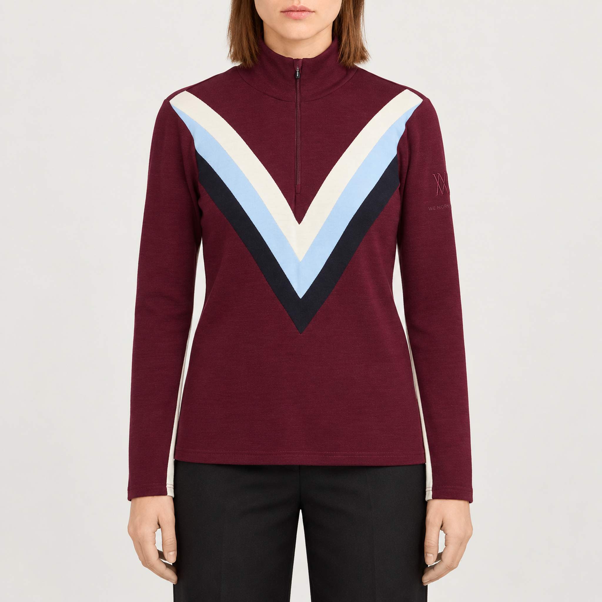 Voss Chevron Zipup Sweater in Burgundy — 03 model front