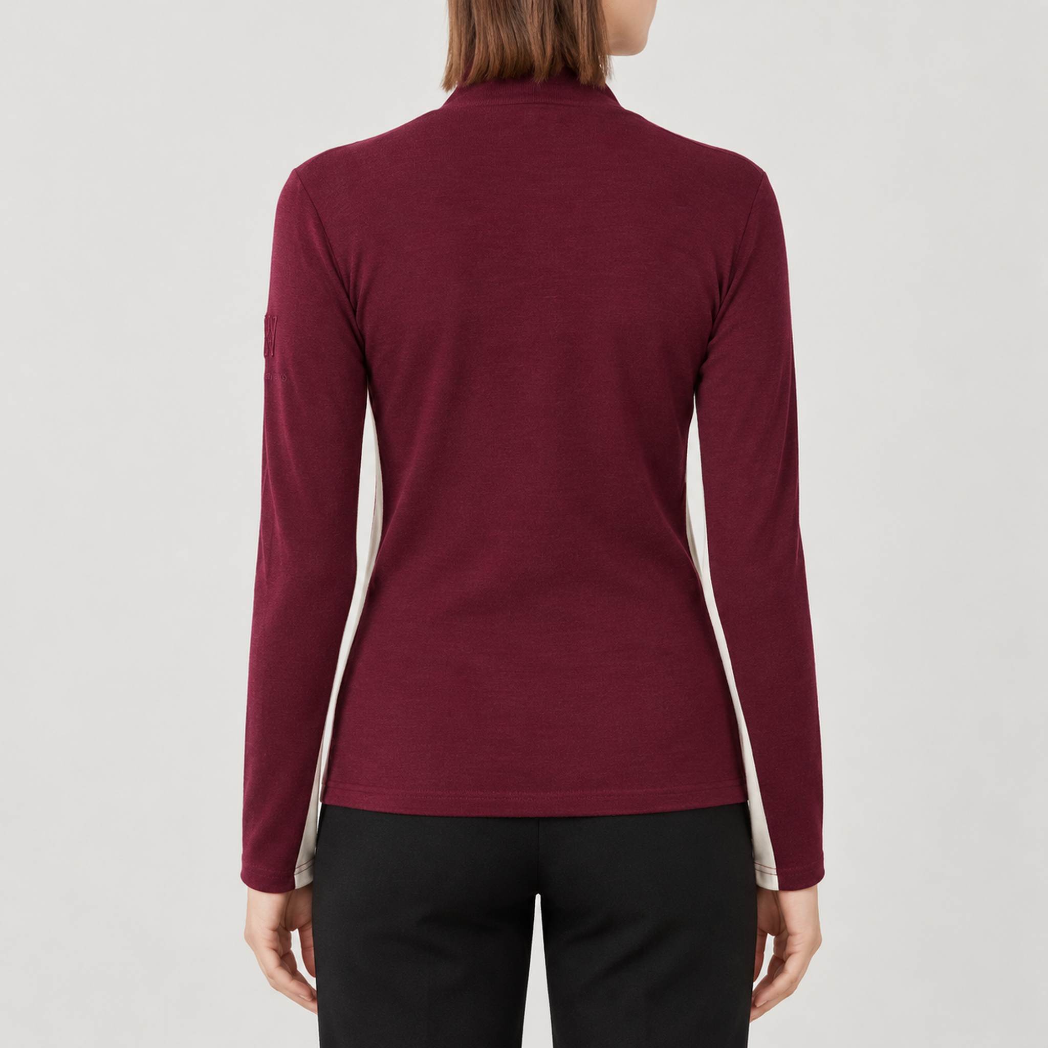 Voss Chevron Zipup Sweater in Burgundy — 04 model back
