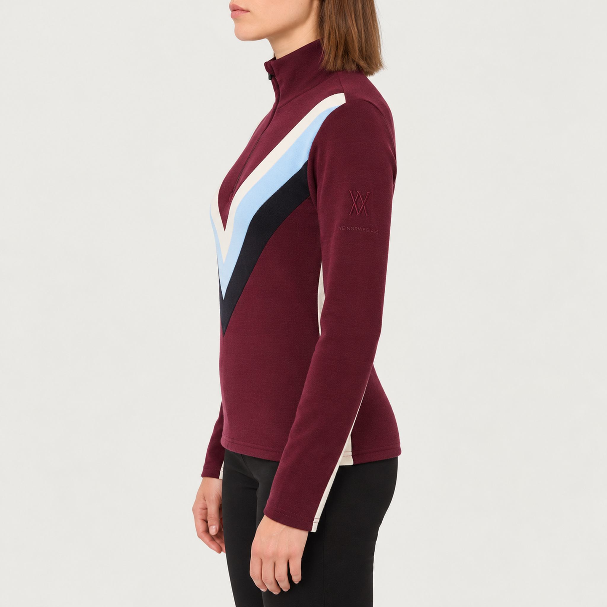 Voss Chevron Zipup Sweater in Burgundy — 05 model side