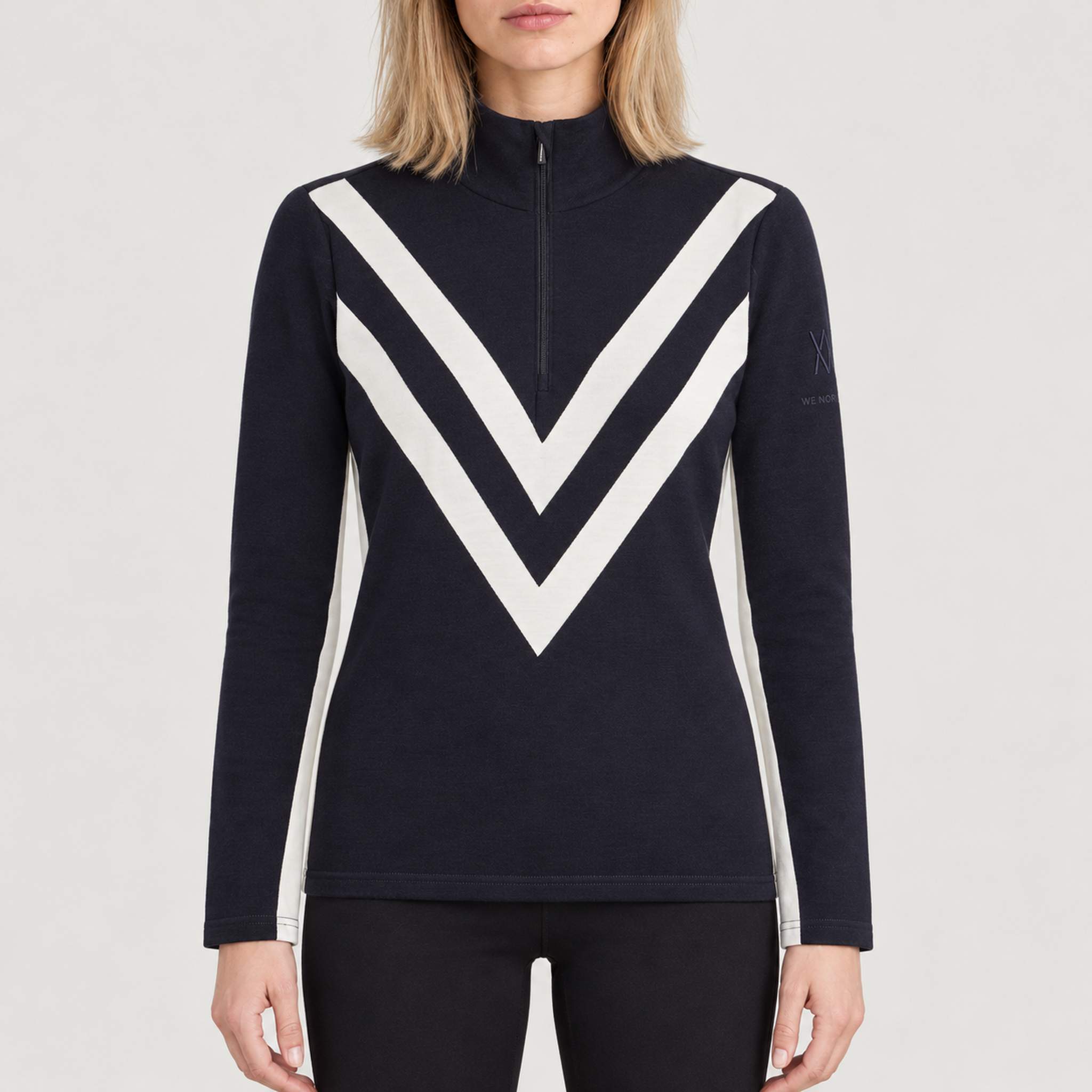 Voss Chevron Zipup Sweater in Navy blue — 03 model front