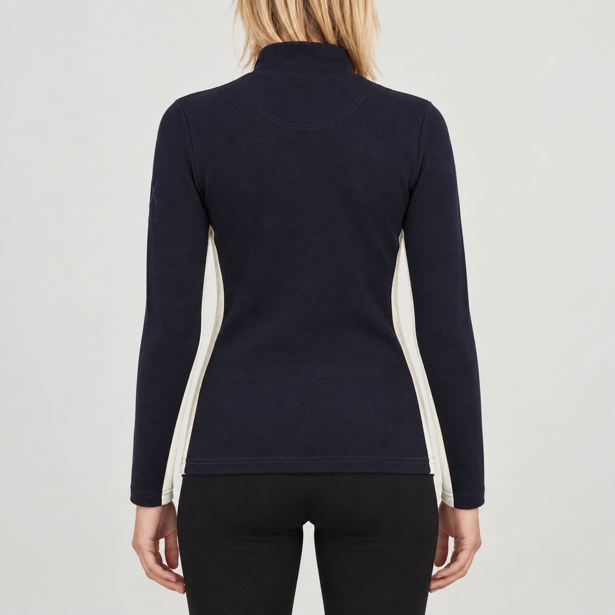 Voss Chevron Zipup Sweater in Navy blue — 04 model back
