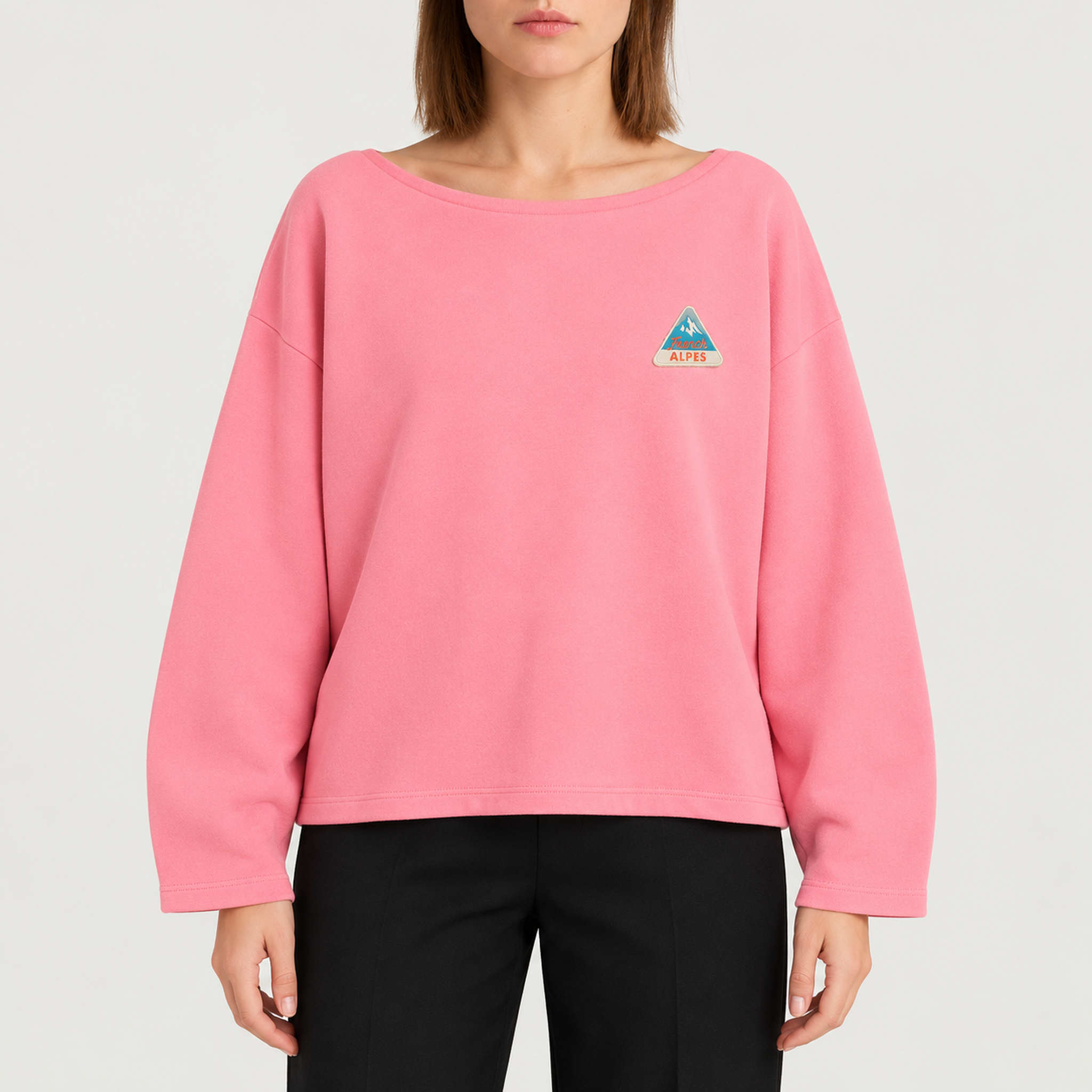 French Disorder women Alpes Patch Sweater in Bubblegum - model front | London Ski Co